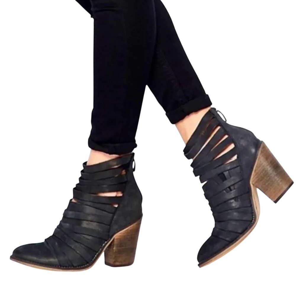 Free People Womens Hybrid Strappy Leather Ankle Booties Size 37 Black Block Heel
